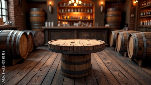 A wooden barrel serves as a table in a rustic bar, surrounded by other barrels and a bar counter