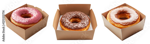 Delicious Donuts in Boxes on Transparent Background Display