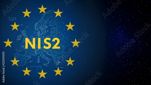 EU flag with stars circling a map of Europe and text 
