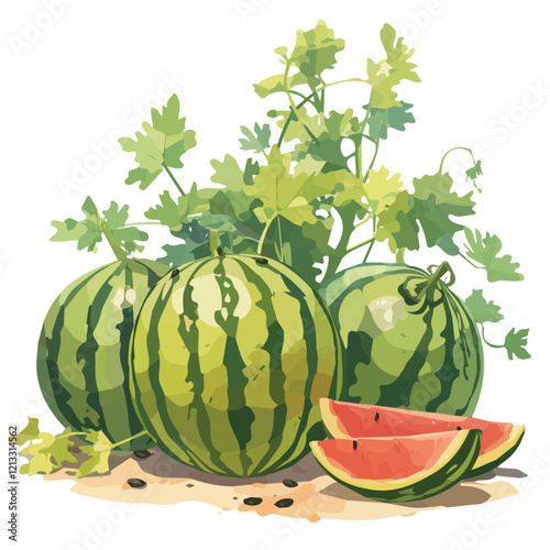 Watermelon Vine with Fruit – Watercolor Illustration, Botanical Art, Fruit-bearing Vine Painting, Nature-inspired Artwork, Vibrant Watercolor Vine with Fruits
