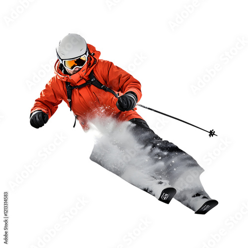 Skier in Red Jacket Navigating Down Powdery Slope on transparent background