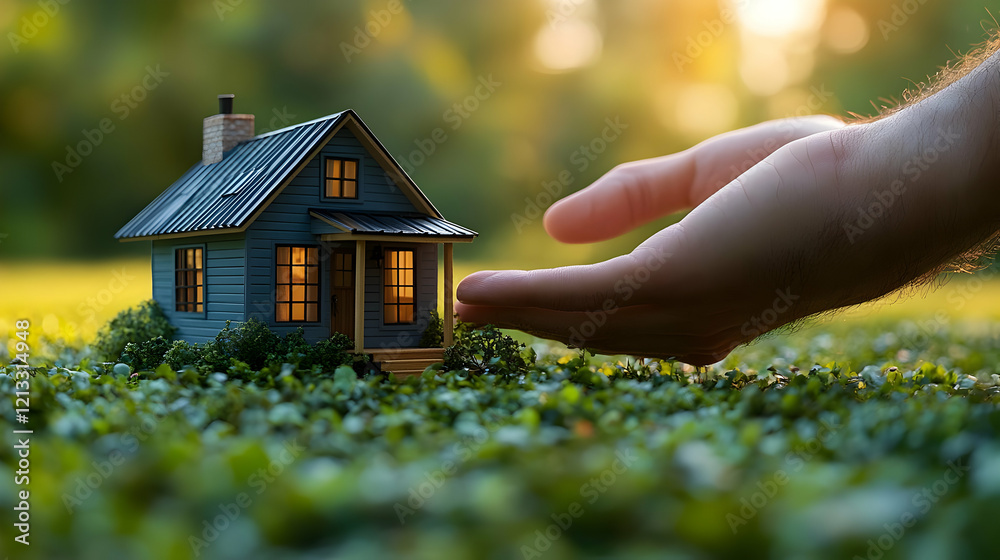 Hand Protecting a Miniature House in a Lush Garden at Sunset Hand Protecting a Miniature House in a Lush Garden at Sunset