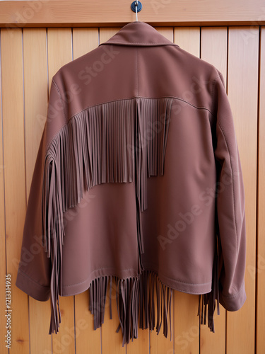 Brown suede jacket with fringe detail hanging on wood. photo