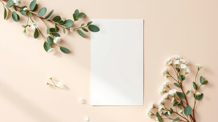 Wedding invitation card mockup with natural eucalyptus and white gypsophila twigs. Blank card mockup on beige background
