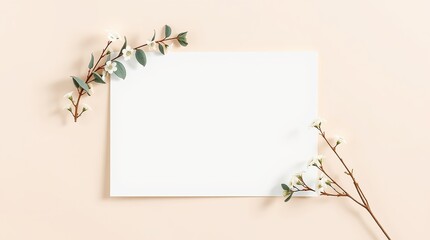 Wedding invitation card mockup with natural eucalyptus and white gypsophila twigs. Blank card mockup on beige background
