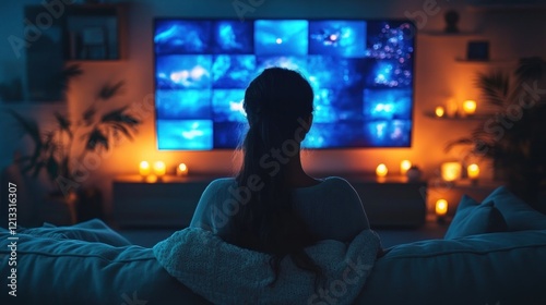 Woman Watching Streaming Content on Smart TV in Cozy Living Room photo