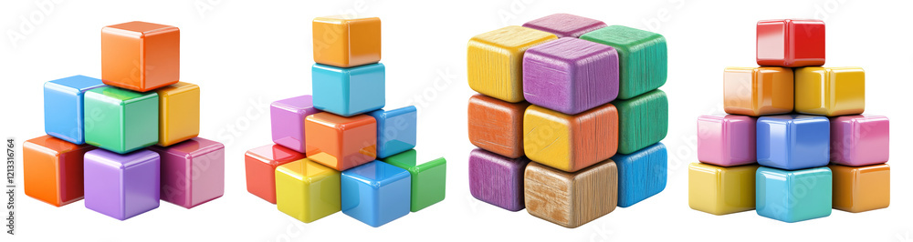 Colorful Building Blocks Stacked in Various Arrangements on White