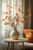 Colorful Vase with Orange Flowers on Round Table in Modern Interior Design featuring Geometric Furniture and Soft Natural Light
