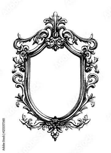 Elegant shield-shaped vintage frame with intricate floral and scroll details, ideal for classic artwork, decorative, or heraldic designs.