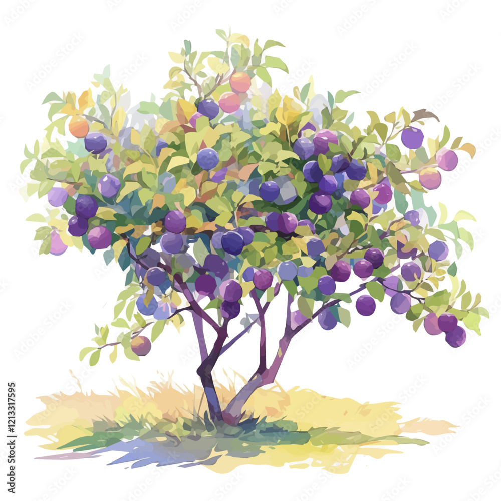 Wild Plum Tree with Fruit – A Vibrant and Rich Vector Illustration in Watercolor Flat Style
