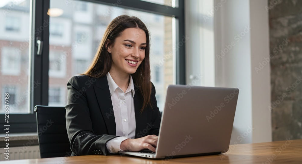 Happy latin hispanic young business woman working on laptop computer in company office . Smiling Indian entrepreneur manager businesswoman using pc for communication , learning at workplace . Copy spa Happy latin hispanic young business woman working on laptop computer in company office . Smiling Indian entrepreneur manager businesswoman using pc for communication , learning at workplace . Copy spa