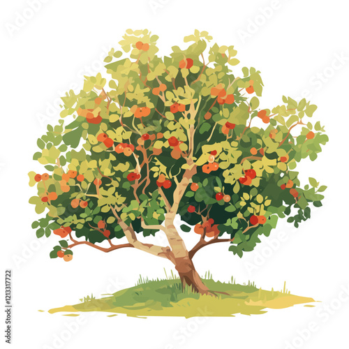 Wild Plum Tree with Fruit – A Vibrant and Rich Vector Illustration in Watercolor Flat Style
