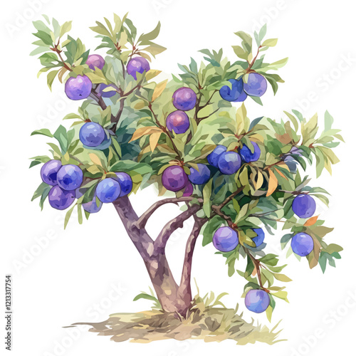 Wild Plum Tree with Fruit – A Vibrant and Rich Vector Illustration in Watercolor Flat Style
