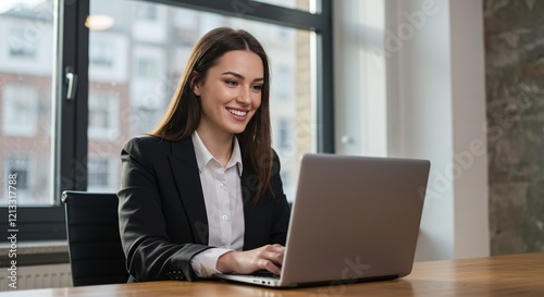 Happy latin hispanic young business woman working on laptop computer in company office . Smiling Indian entrepreneur manager businesswoman using pc for communication , learning at workplace . Copy spa