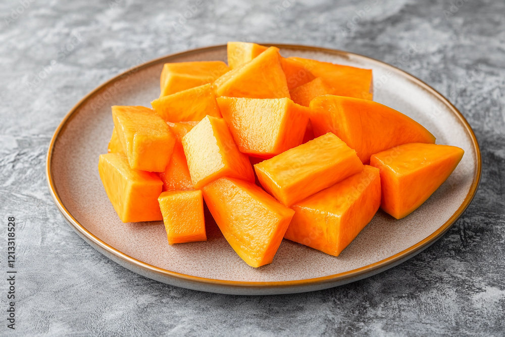 Freshly cut ripe papaya chunks arranged on a plate with a textured gray background Freshly cut ripe papaya chunks arranged on a plate with a textured gray background