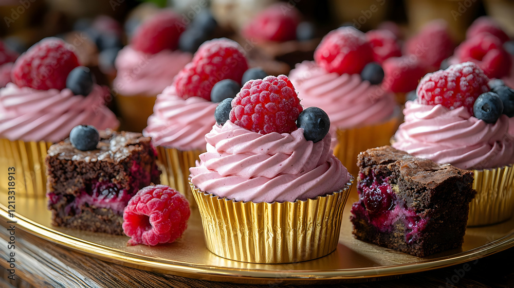 Pink Raspberry Cupcakes with Brownies and Fresh Berries on Gold Tray Pink Raspberry Cupcakes with Brownies and Fresh Berries on Gold Tray