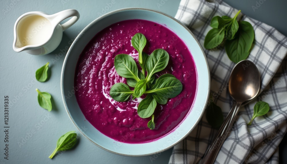 A beautifully presented bowl of vibrant purple soup is topped with fresh green leaves, creating a stunning contrast. The image captures the essence of healthy eating, showcasing the rich colors and A beautifully presented bowl of vibrant purple soup is topped with fresh green leaves, creating a stunning contrast. The image captures the essence of healthy eating, showcasing the rich colors and