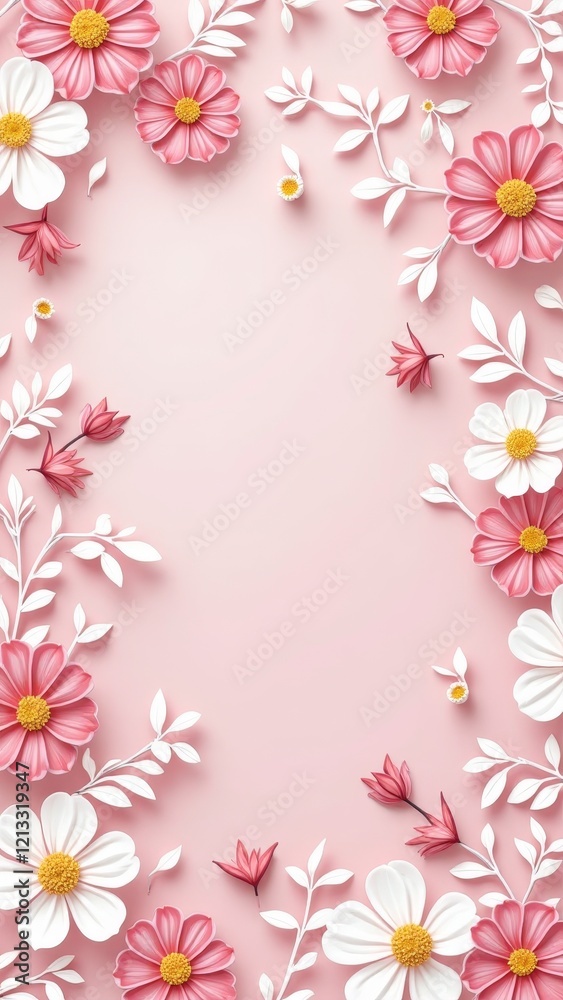 Delicate pink and white flowers with yellow centers, set against a soft pink background Delicate pink and white flowers with yellow centers, set against a soft pink background