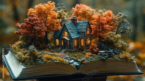 Vibrant Autumn Landscape in Open Book Symbolizing Magic of Storytelling and Imagination photo