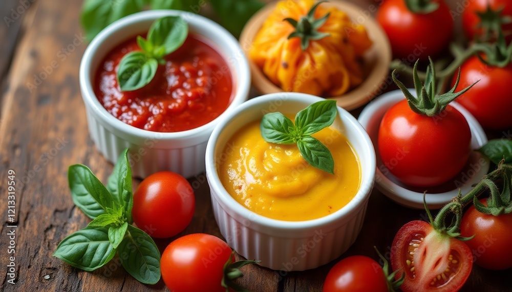 A delightful arrangement of rich red tomato sauce and creamy yellow mustard sits in charming white bowls, surrounded by ripe cherry tomatoes and fresh basil leaves. This image captures the essence of A delightful arrangement of rich red tomato sauce and creamy yellow mustard sits in charming white bowls, surrounded by ripe cherry tomatoes and fresh basil leaves. This image captures the essence of