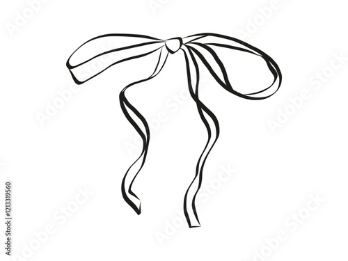 Hand drawn coquette ribbon and bow. Vintage element in simple crayon and sketch style. Trendy art symbol for Valentine day and wedding invitations. Outline vector illustration