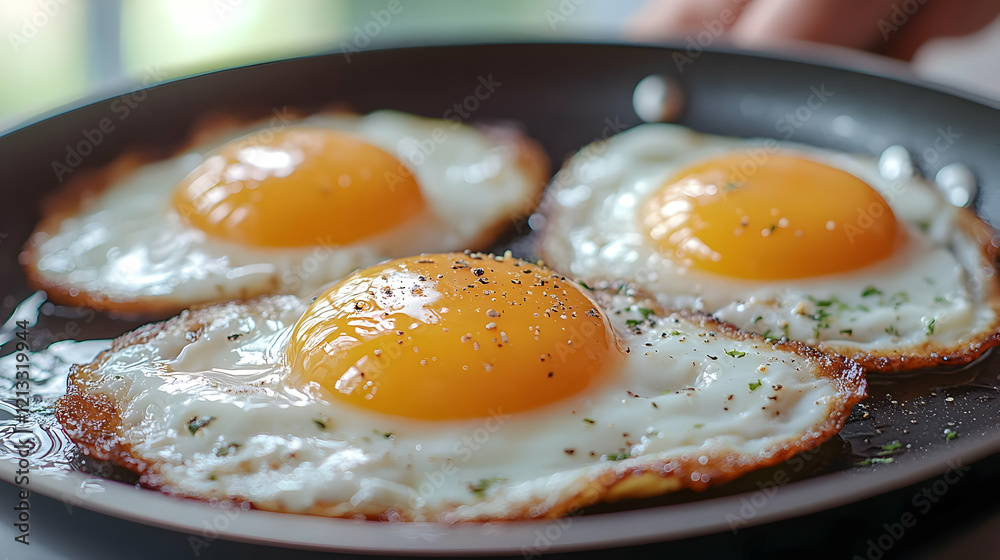 Three perfectly fried eggs with golden yolks in a black skillet, seasoned with pepper and herbs Three perfectly fried eggs with golden yolks in a black skillet, seasoned with pepper and herbs