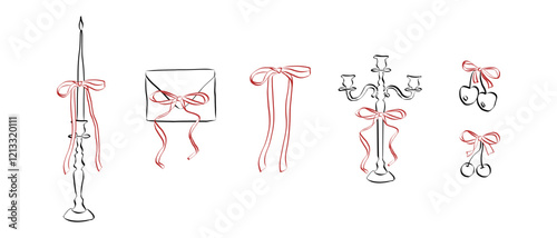 Hand drawn coquette aesthetics elements. Vintage candle with ribbon and bow in simple crayon and sketch style. Art symbols for Valentine day and wedding invitations. Doodle contour vector illustration