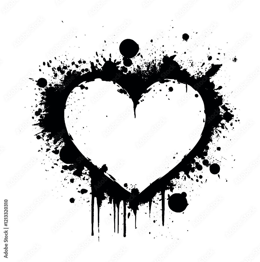 Black abstract graffiti heart outlined with bold paint splatters and splashes, ideal for edgy, creative, or modern artistic designs.