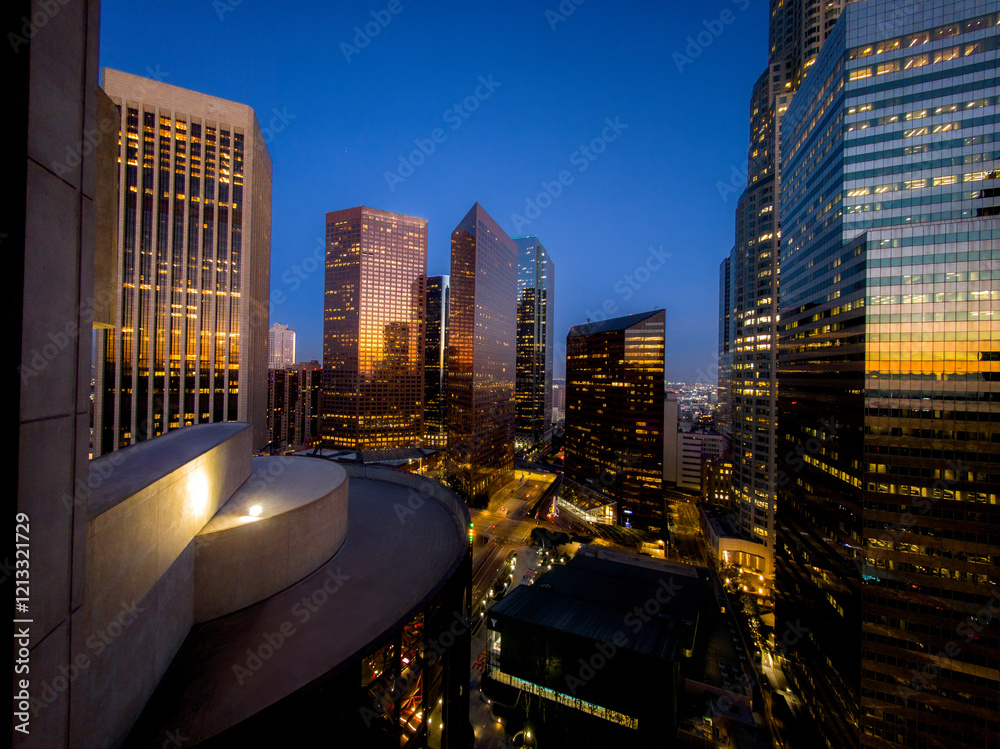 Downtown cityscape buildings at night from above