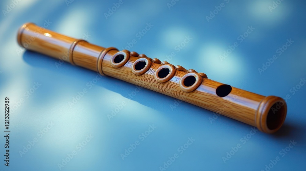 Wooden Flute Close-Up in Soft Light with Blue Background Concept of Music and Education Wooden Flute Close-Up in Soft Light with Blue Background Concept of Music and Education