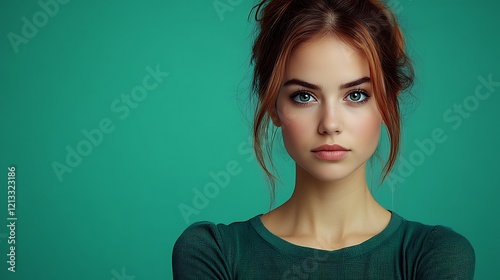 A young woman with auburn hair and green eyes