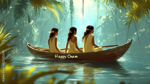 Three young women in canoe celebrating onam in lush greenery. Onam Festival, Kerala Harvest Festival, Thiruvonam - Traditional South Indian Cultural Celebration, Malayalam New Year photo