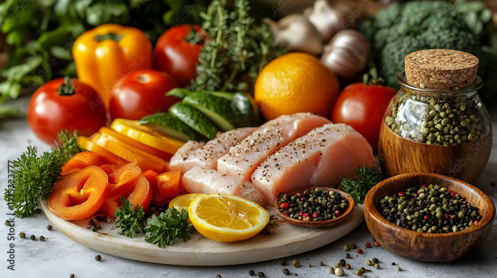 Close-up of Raw Chicken Breast with Colorful Fresh Vegetables Ready for Cooking Close-up of Raw Chicken Breast with Colorful Fresh Vegetables Ready for Cooking