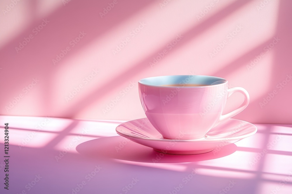 Fototapeta premium Pink teacup and saucer on pink surface, sunlit. Perfect for blogs, websites, or product advertising needing a calming, feminine aesthetic.