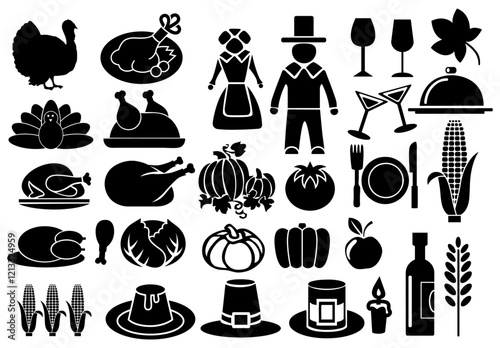 Thanksgiving Icon Set:A collection of diverse icons celebrating the spirit of the Thanksgiving season.Featuring a range of silhouettes of traditional holiday elements.