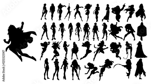 Obraz na płótnie Silhouette Superwomen: A diverse collection of superheroine silhouettes in dynamic poses, showcasing strength, elegance, and a touch of mystery