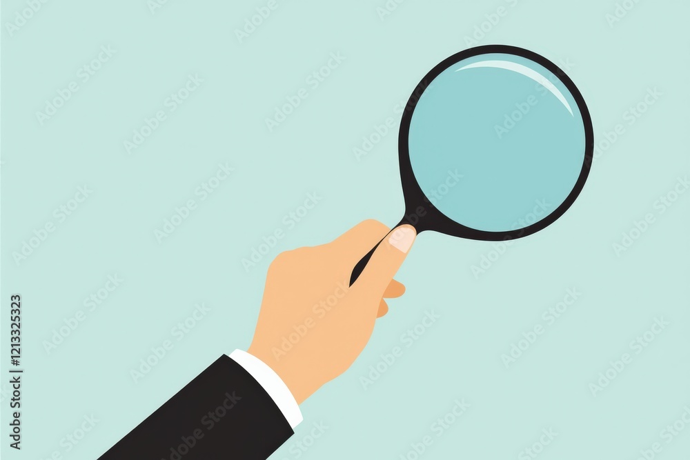 Hand Holding Magnifying Glass with Turquoise Background - Symbolizing Search, Investigation, and Analysis of Small Details Hand Holding Magnifying Glass with Turquoise Background - Symbolizing Search, Investigation, and Analysis of Small Details