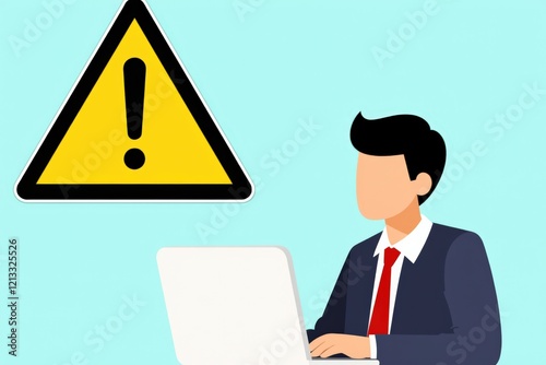 Professional Man Working on Laptop with Warning Sign for Cybersecurity Alerts and Digital Safety in Modern Office Environment photo