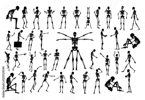 Skeleton Silhouette Set: A comprehensive collection of skeleton silhouettes in various poses, illustrating anatomy, movement, and human form in dynamic black and white designs.