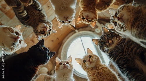 A curious gathering of cats in a circle looking downward in a playful indoor scene