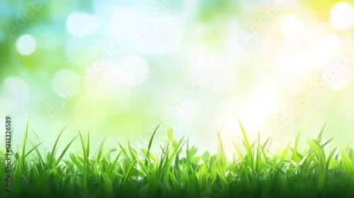 Fresh green grass with a bokeh blurred background under bright sunlight creates a peaceful and tranquil scene