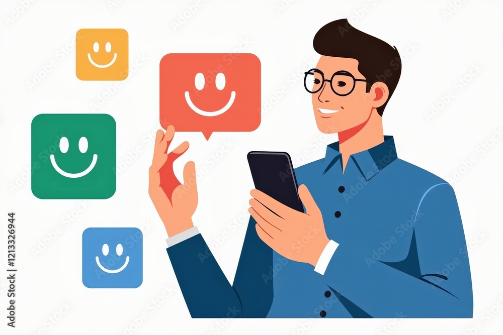 Engaged User Interacting with Feedback Interface on Smartphone: Smiley Face Ratings and Positive Review Concept Engaged User Interacting with Feedback Interface on Smartphone: Smiley Face Ratings and Positive Review Concept