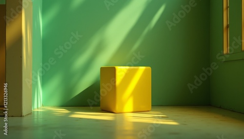 A bright yellow cube sits alone in a sun-drenched corner of a room with soothing teal walls. The interplay of light and shadow creates a warm, inviting atmosphere, highlighting the cubes playful photo