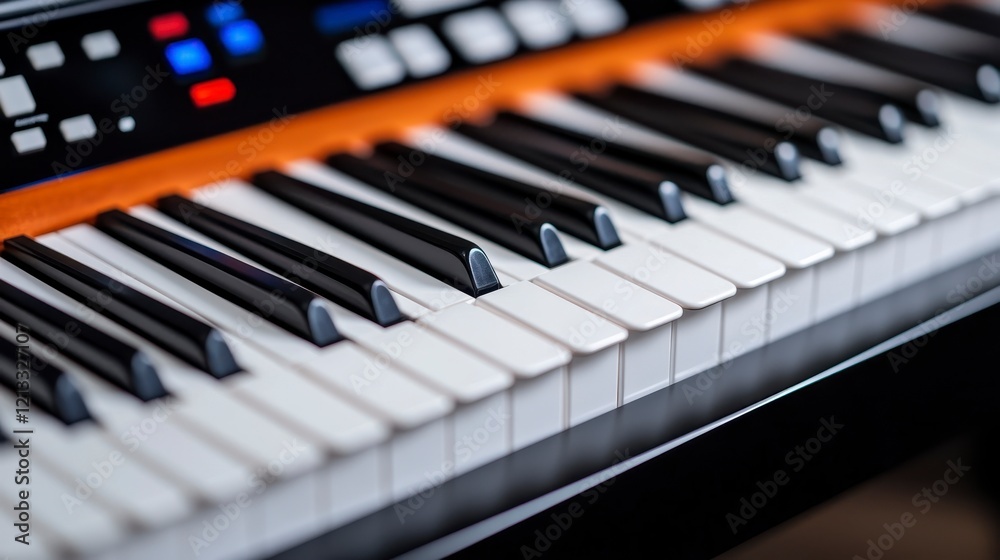 Close-up view of piano keyboard with black and white keys, showcasing musical instrument details Close-up view of piano keyboard with black and white keys, showcasing musical instrument details