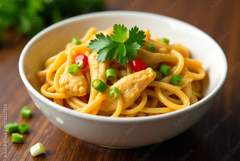 A vibrant, appetizing image of a bowl of chicken and vegetable noodles. Focus on the food's textures and colors. High-key lighting, slightly warm tones. Depth of field on the noodles. Style: photo A vibrant, appetizing image of a bowl of chicken and vegetable noodles. Focus on the food's textures and colors. High-key lighting, slightly warm tones. Depth of field on the noodles. Style: photo