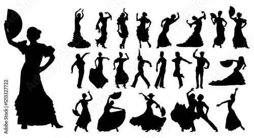 Enigmatic Dance Silhouettes: A captivating collection of dancers in fluid motion, their forms captured in striking black silhouettes that evoke the passion and artistry of the dance.