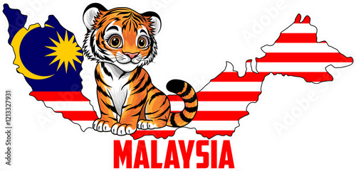 Cute Vector cartoon Malaysia sticker with tiger. Cute Vector cartoon Malaysia map photo