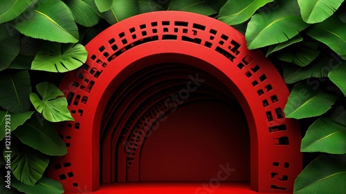 Red Archway in Lush Foliage: A vibrant red archway, intricately carved, is nestled within a frame of lush green tropical leaves, creating a dramatic and inviting entrance to an unseen space. photo