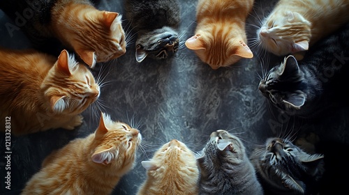A group of playful cats forming a circle and looking down at something intriguing on the floor