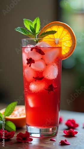 A refreshing, fruity drink with a vibrant red color and a slice of orange garnish